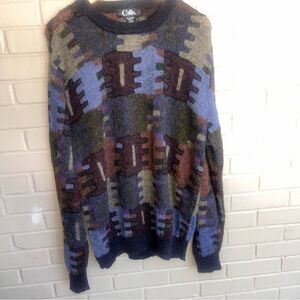 Casaknits Alpaca 100% Wool Cosby Sweater Patchwork Puzzle Blue XL